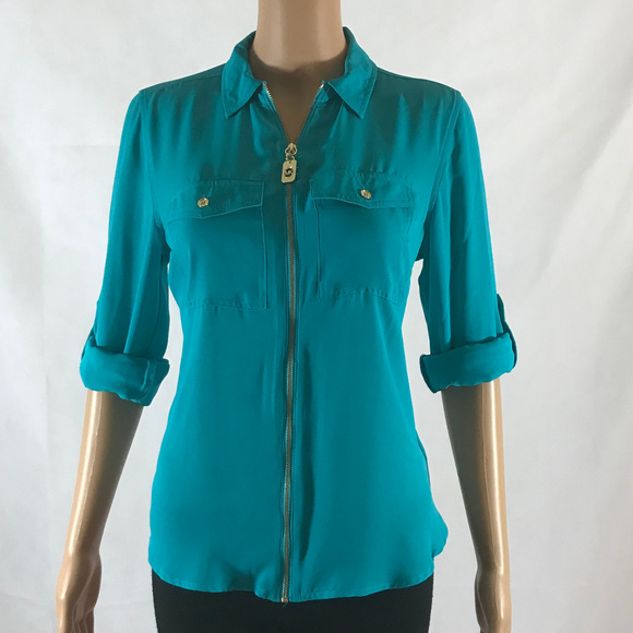 Michael Kors Green Zip up Blouse-Size 4P - Picture 4 of 8